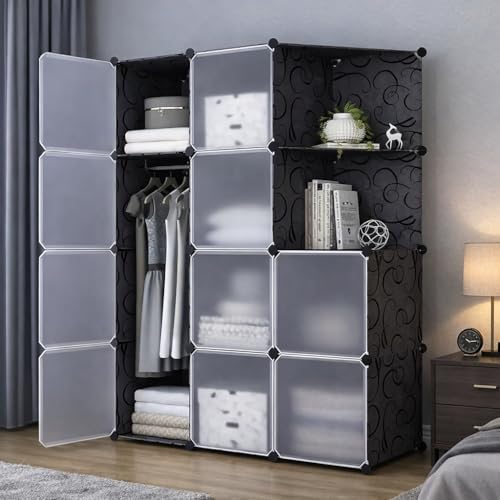 HEMOVIA Collapsible Wardrobe for Clothes - DIY 10 Door Plastic Almirah for Clothes with Doors | Side Hanger,Folding Waterproof Memory Standing Wardrobe for Storage for Home Clothes (Black, 10-Door) - Image 1