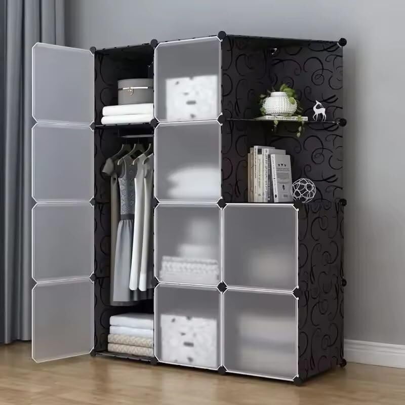 HEMOVIA Collapsible Wardrobe for Clothes - DIY 10 Door Plastic Almirah for Clothes with Doors | Side Hanger,Folding Waterproof Memory Standing Wardrobe for Storage for Home Clothes (Black, 10-Door) - Image 2