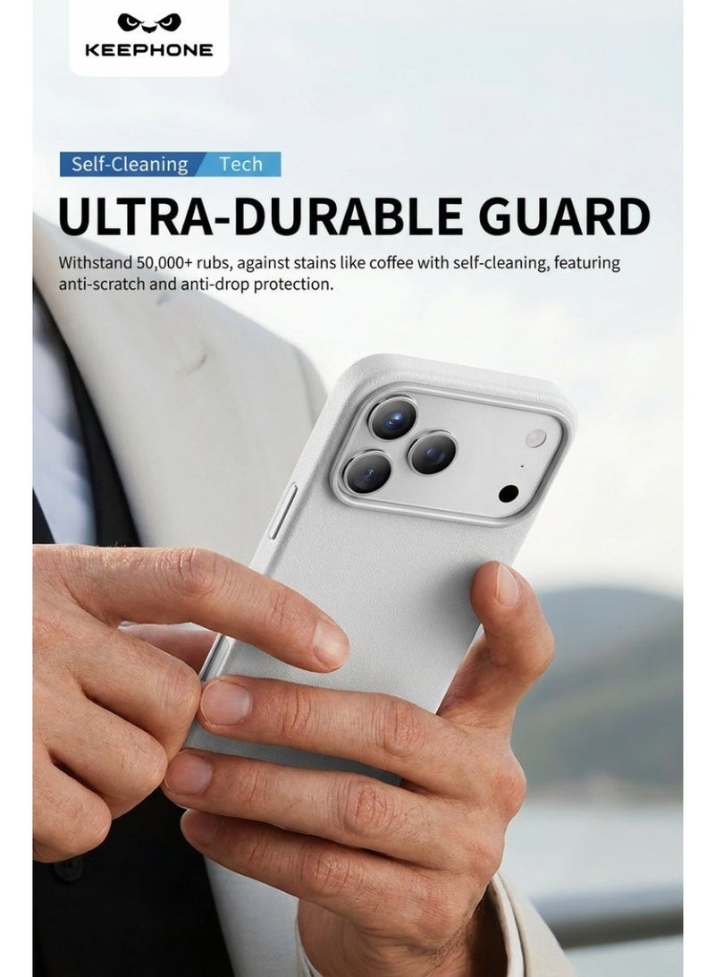 KeepHone PEEKABOO MagSafe Compatible Cool White Leather Case for iPhone 17 Pro Max with Strong N52 Magnetic Ring, Military-Grade Shockproof Protection, Metal Camera Guard & Metal Buttons, Premium Anti-Scratch Leather Back, Soft Microfiber Lining, Slim Protective Cover Compatible with MagSafe Chargers & Accessories - Image 3