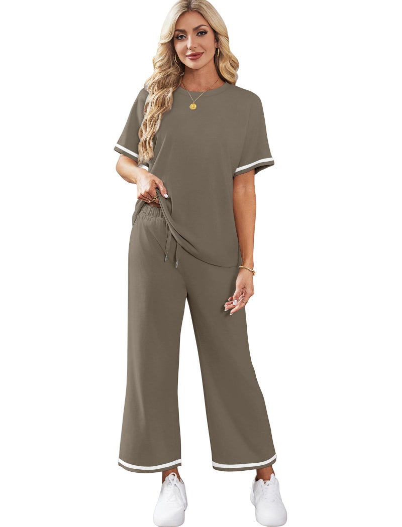Sampeel Vacation Outfits for Women 2 Piece Sets Crew Neck Summer Lounge Set Womens Loungewear Cruise Airport Outfits Beach Vacation Clothes Wide Leg Pants Resort Comfy Sets for Women Clothing Brown L - Image 4