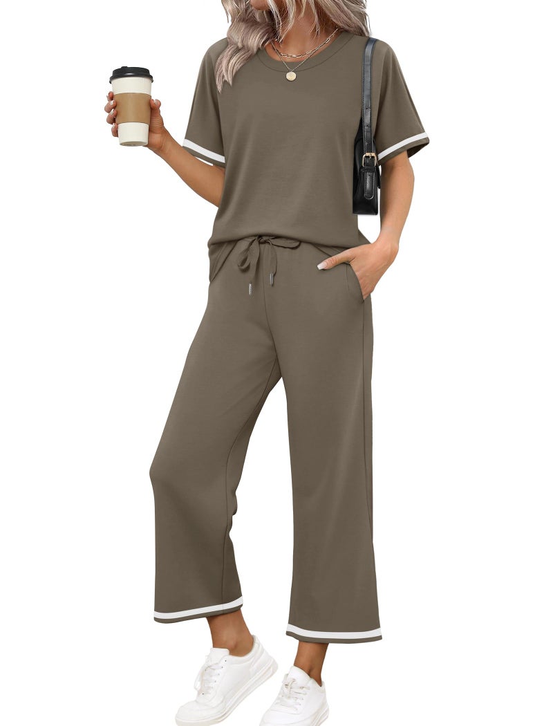 Sampeel Vacation Outfits for Women 2 Piece Sets Crew Neck Summer Lounge Set Womens Loungewear Cruise Airport Outfits Beach Vacation Clothes Wide Leg Pants Resort Comfy Sets for Women Clothing Brown L - Image 2