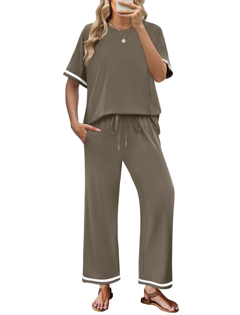 Sampeel Vacation Outfits for Women 2 Piece Sets Crew Neck Summer Lounge Set Womens Loungewear Cruise Airport Outfits Beach Vacation Clothes Wide Leg Pants Resort Comfy Sets for Women Clothing Brown L - Image 1