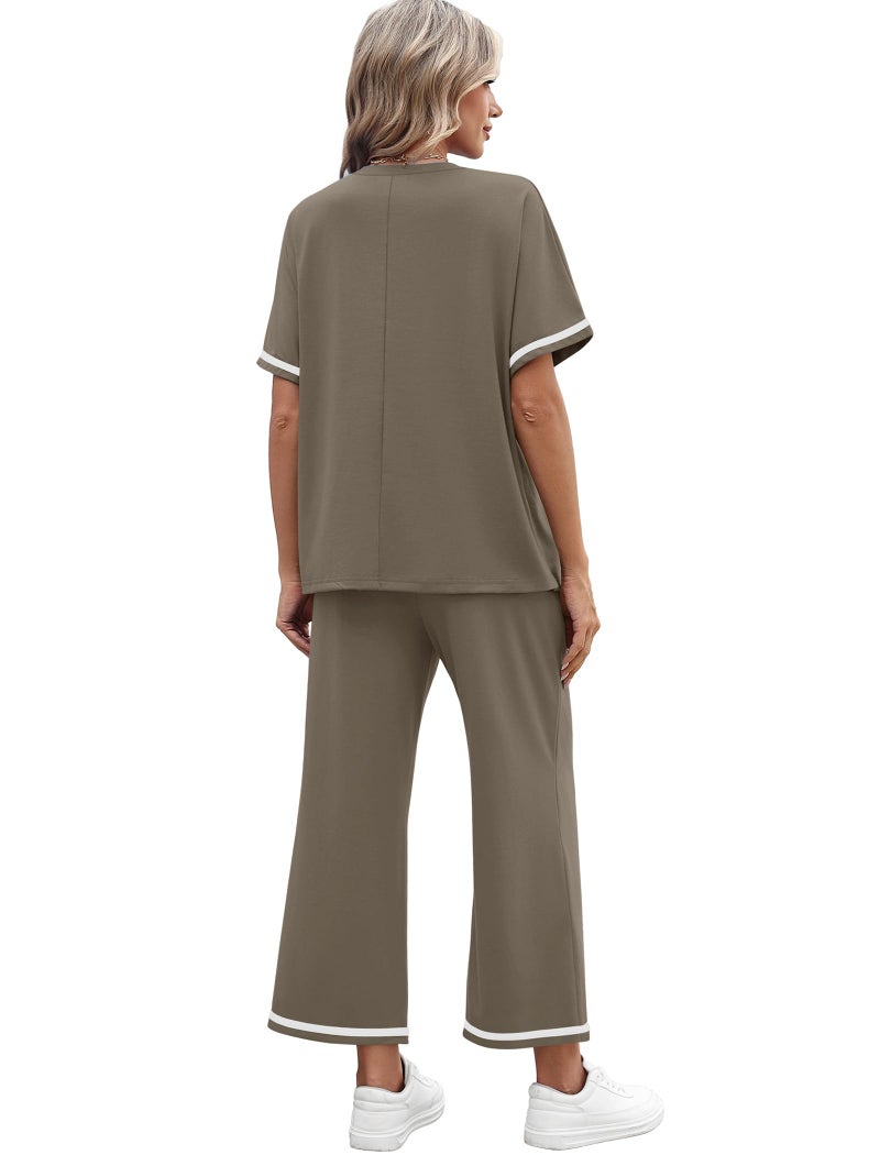 Sampeel Vacation Outfits for Women 2 Piece Sets Crew Neck Summer Lounge Set Womens Loungewear Cruise Airport Outfits Beach Vacation Clothes Wide Leg Pants Resort Comfy Sets for Women Clothing Brown L - Image 5