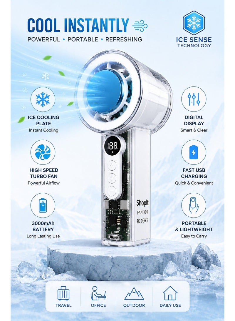 Shopit Portable Handheld Cooling Fan with Ice Cooling Plate, 3000mAh Rechargeable Battery, High Speed Turbo Fan, Digital Display (White) - Image 3