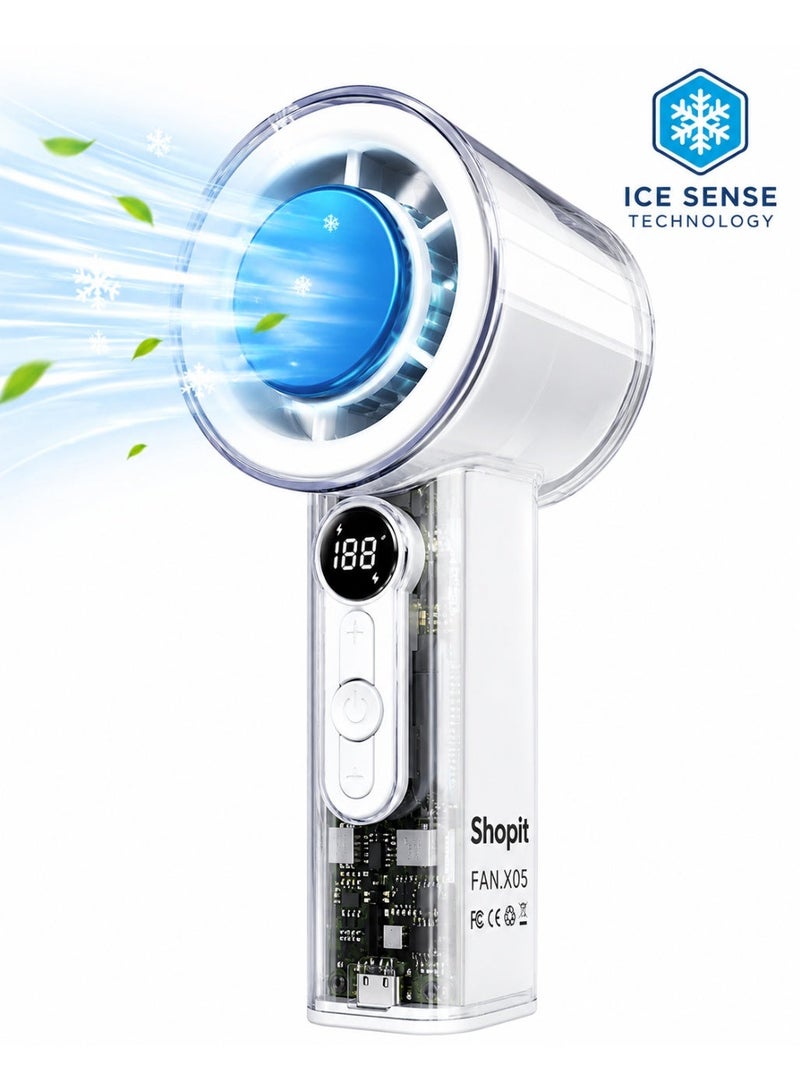 Shopit Portable Handheld Cooling Fan with Ice Cooling Plate, 3000mAh Rechargeable Battery, High Speed Turbo Fan, Digital Display (White) - Image 1
