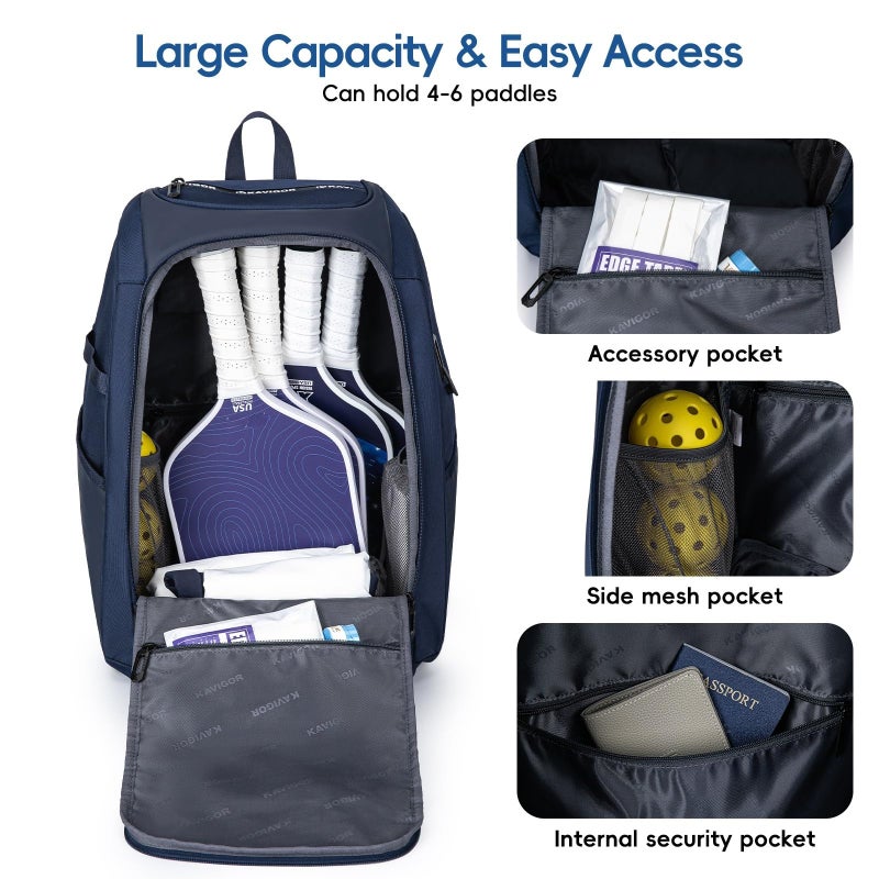 KAVIGOR Pickleball Bag, Large Pickleball Backpack Holds 4 to 6 Paddles, Shoes Compartment & Wet/Dry Pocket (9 Pockets), Charge Port - Image 3