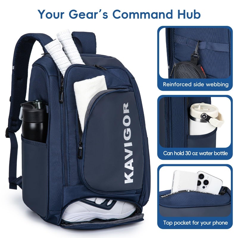 KAVIGOR Pickleball Bag, Large Pickleball Backpack Holds 4 to 6 Paddles, Shoes Compartment & Wet/Dry Pocket (9 Pockets), Charge Port - Image 4