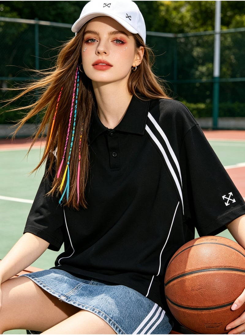 أوف-وايت OFF-WHITE shoulder parallel bars cotton POLO shirt couple summer loose contrast short sleeve lapel T-shirt - Image 2