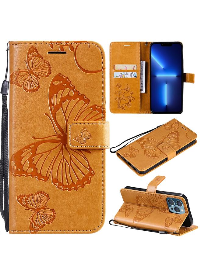 زبون جراب لهاتف iPhone 13 Pro، جراب جلدي أفقي قابل للطي بنقشة فراشة ثلاثية الأبعاد مع حامل وفتحة للبطاقات ومحفظة وحبل - Image 1