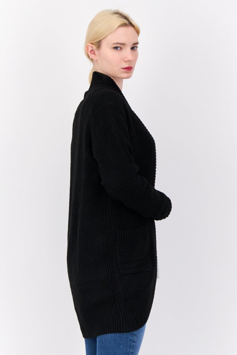Pink Rose Women Split Neck Knitted Cardigan, Black  - Image 3