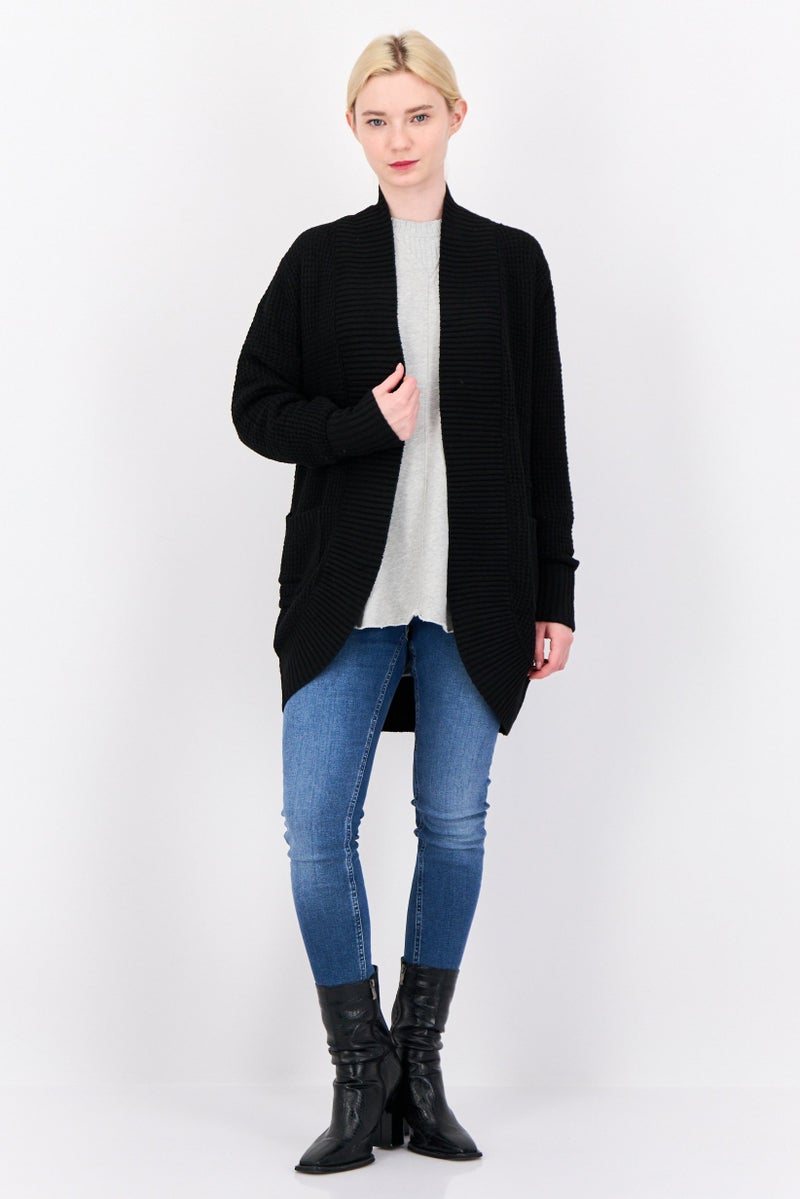 Pink Rose Women Split Neck Knitted Cardigan, Black  - Image 4