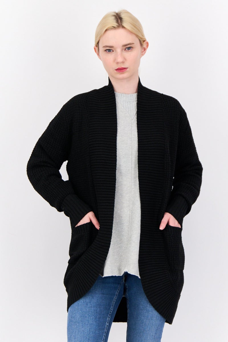Pink Rose Women Split Neck Knitted Cardigan, Black  - Image 1