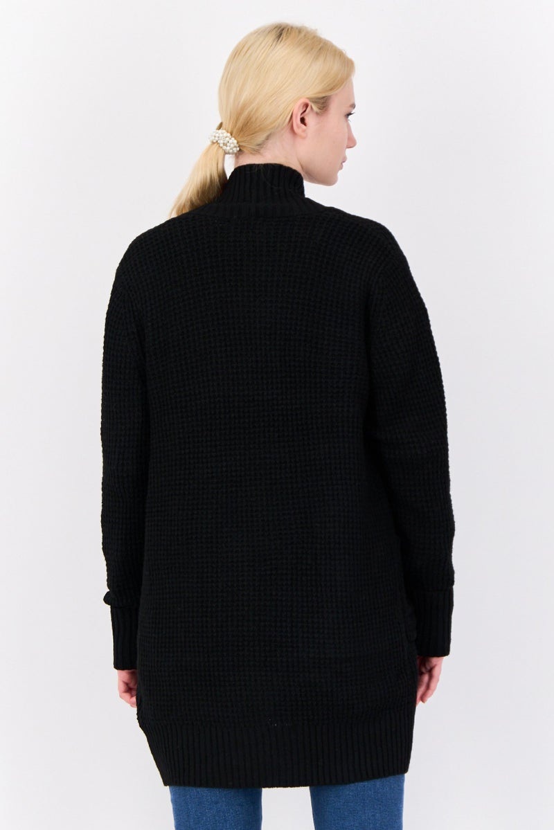 Pink Rose Women Split Neck Knitted Cardigan, Black  - Image 2