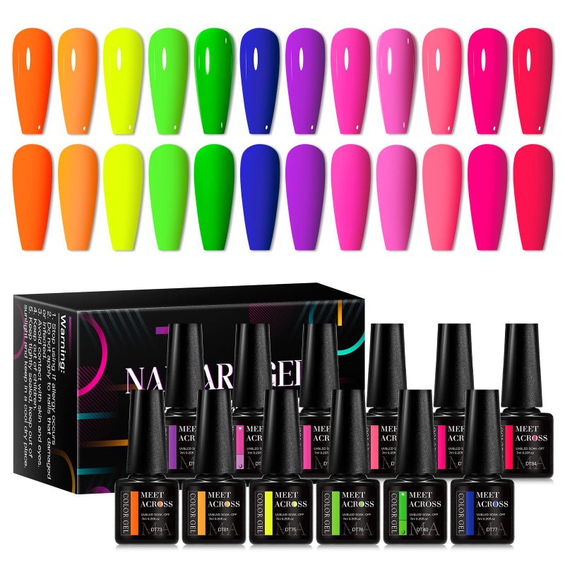 MEET ACROSS 12pcs Gel Nail Polish Set,Soak Off UV LED Lamp Gel Nail Polish Kit,Fashion Shimmer Nail Art Design Gifts for Women Manicure Salon (Neon series) - Image 1