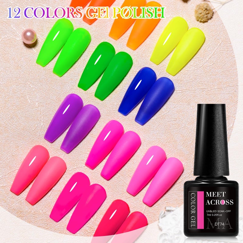 MEET ACROSS 12pcs Gel Nail Polish Set,Soak Off UV LED Lamp Gel Nail Polish Kit,Fashion Shimmer Nail Art Design Gifts for Women Manicure Salon (Neon series) - Image 5