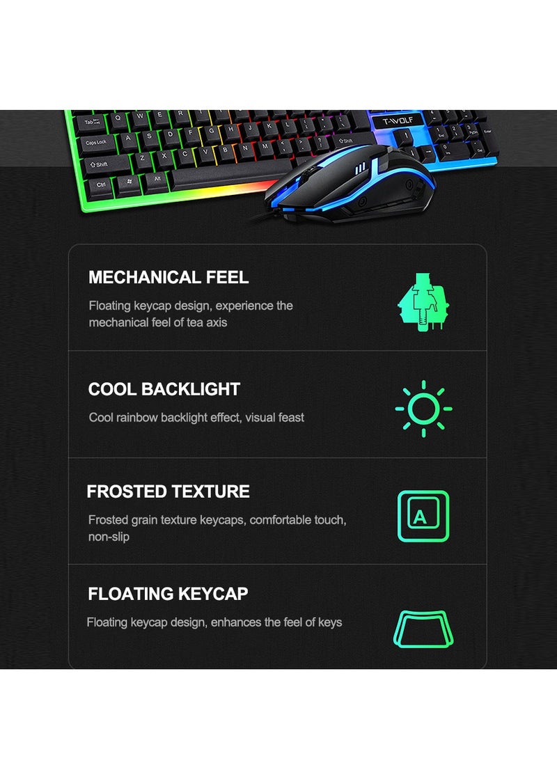 T-WOLF - Gaming Keyboard and Mouse Combo - 104-Key Compact RGB Backlit Gaming Keyboard with Mechanical Feel, Floating Keycaps, Splash-Proof Design & RGB Mouse with Adjustable Weight, USB Optical Mouse for PC/Laptop - Image 1
