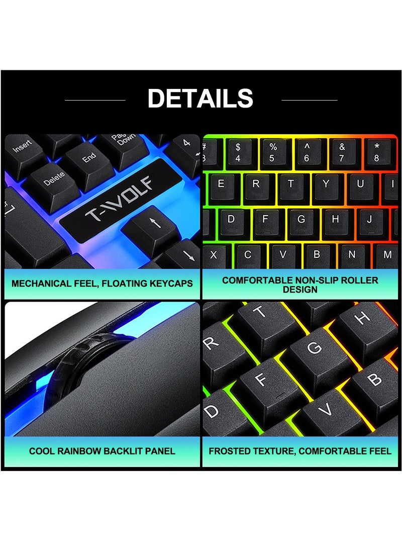 T-WOLF - Gaming Keyboard and Mouse Combo - 104-Key Compact RGB Backlit Gaming Keyboard with Mechanical Feel, Floating Keycaps, Splash-Proof Design & RGB Mouse with Adjustable Weight, USB Optical Mouse for PC/Laptop - Image 1