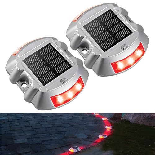 Epyz Solar Road Stud Light Outdoor Waterproof 6 LED Deck Lights for Driveway, Dock, Markers, Step, Staircase Ground, Sidewalk, Yard [ Aluminium Alloy] [ Pack of 2, Red Flashing ] - Image 1