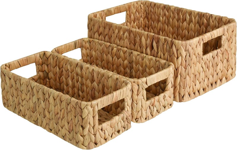 StorageWorks Water Hyacinth Storage Baskets, Square Wicker Baskets with Built-in Handles, Hand-Woven Baskets for Bedroom, Bathroom, Pantry, Shelves, Set of 3 (1PC Large, 2PCS Medium) - Image 1