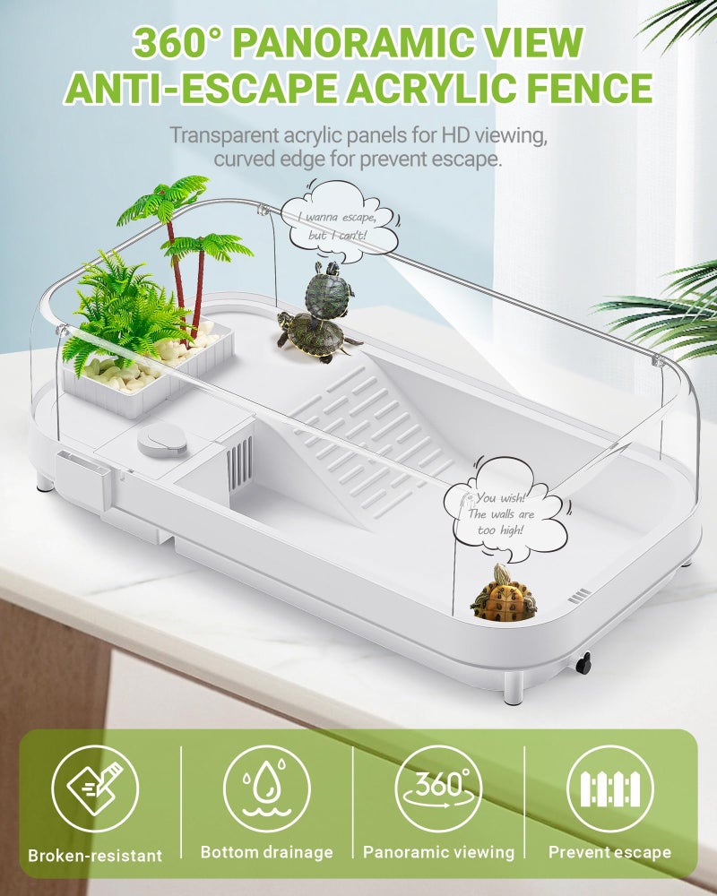 Moonorange Large Turtle Tank Kit (Tank+Lamp+Filter), Acrylic Turtle Tank Starter Kit with Heightened and Curved Fences, Bottom Drainage, Multi-Function Areas - Image 2