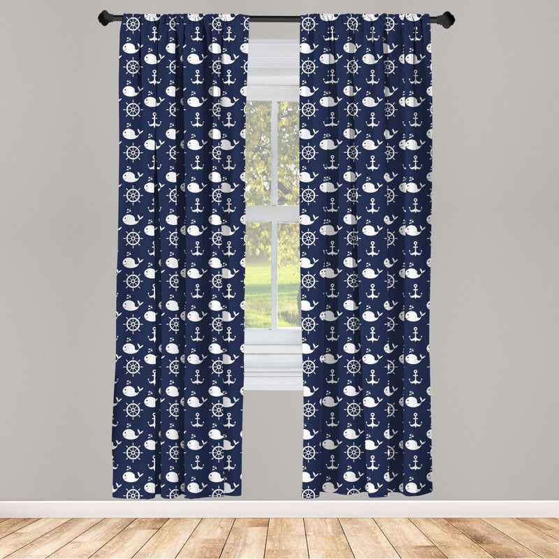 أمبيسون Ambesonne Navy Blue Window Stertains حزمة من نمطين بحريتين مع حيتان هيلمز تراسي العناصر البحرية في أعماق البحار مرتبة خفيفة الوزن مع جيب قضيب 4 لوحات - 28 "" × 95 "الأزرق الداكن - Image 2