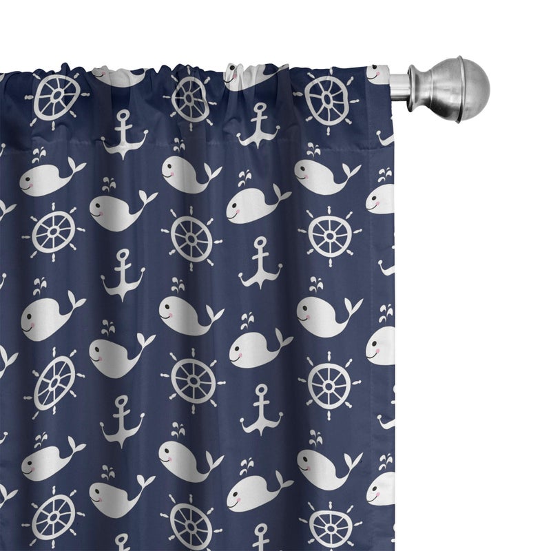 أمبيسون Ambesonne Navy Blue Window Stertains حزمة من نمطين بحريتين مع حيتان هيلمز تراسي العناصر البحرية في أعماق البحار مرتبة خفيفة الوزن مع جيب قضيب 4 لوحات - 28 "" × 95 "الأزرق الداكن - Image 1