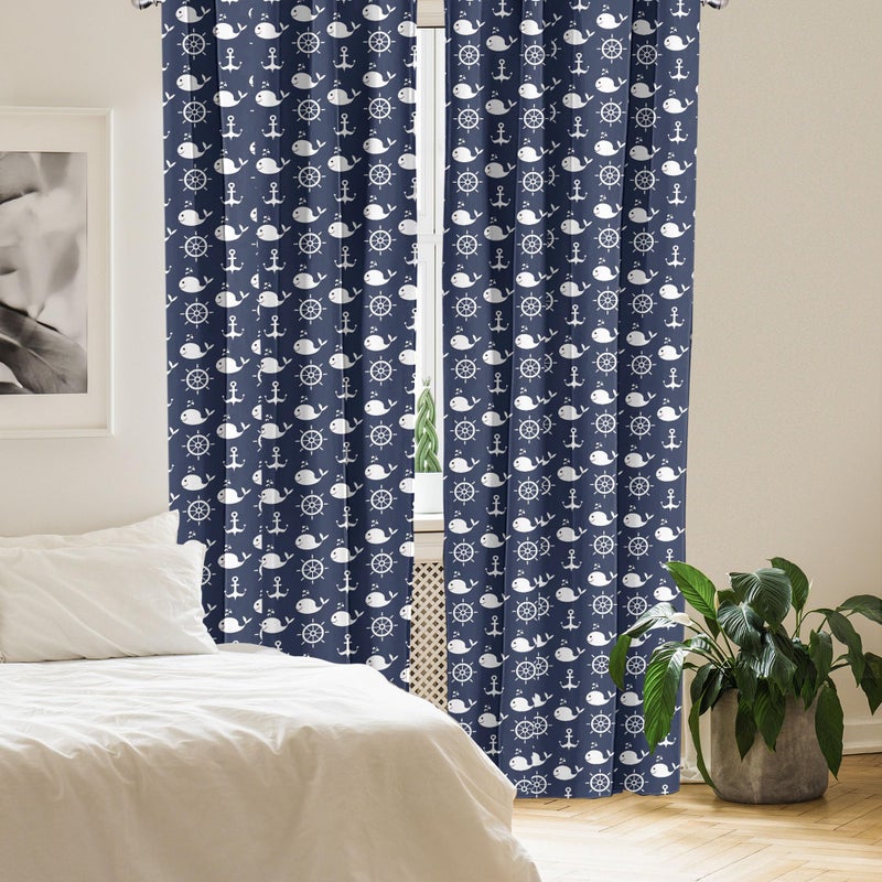 أمبيسون Ambesonne Navy Blue Window Stertains حزمة من نمطين بحريتين مع حيتان هيلمز تراسي العناصر البحرية في أعماق البحار مرتبة خفيفة الوزن مع جيب قضيب 4 لوحات - 28 "" × 95 "الأزرق الداكن - Image 4