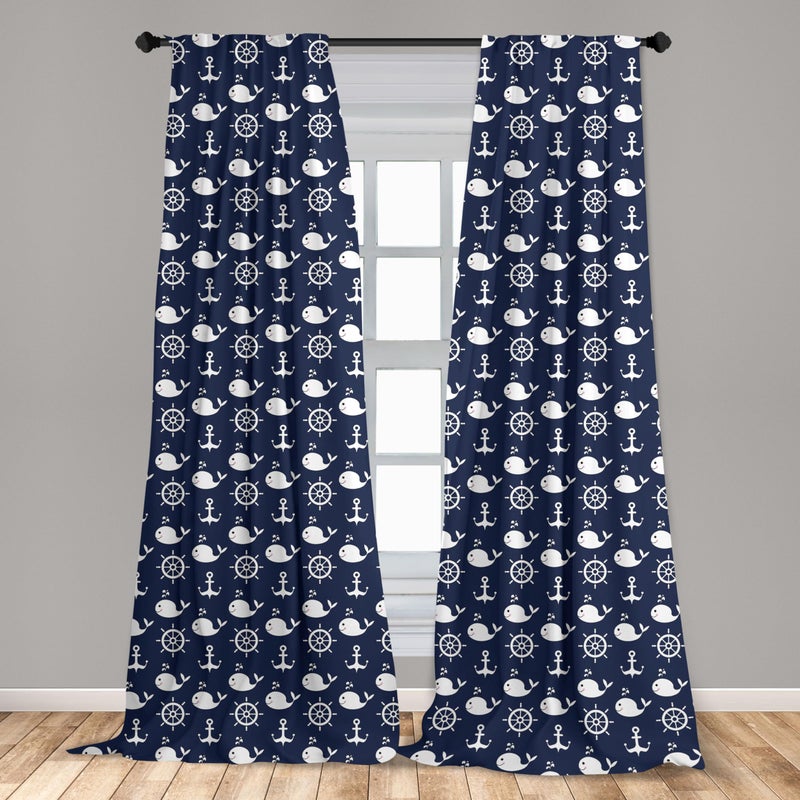 أمبيسون Ambesonne Navy Blue Window Stertains حزمة من نمطين بحريتين مع حيتان هيلمز تراسي العناصر البحرية في أعماق البحار مرتبة خفيفة الوزن مع جيب قضيب 4 لوحات - 28 "" × 95 "الأزرق الداكن - Image 3