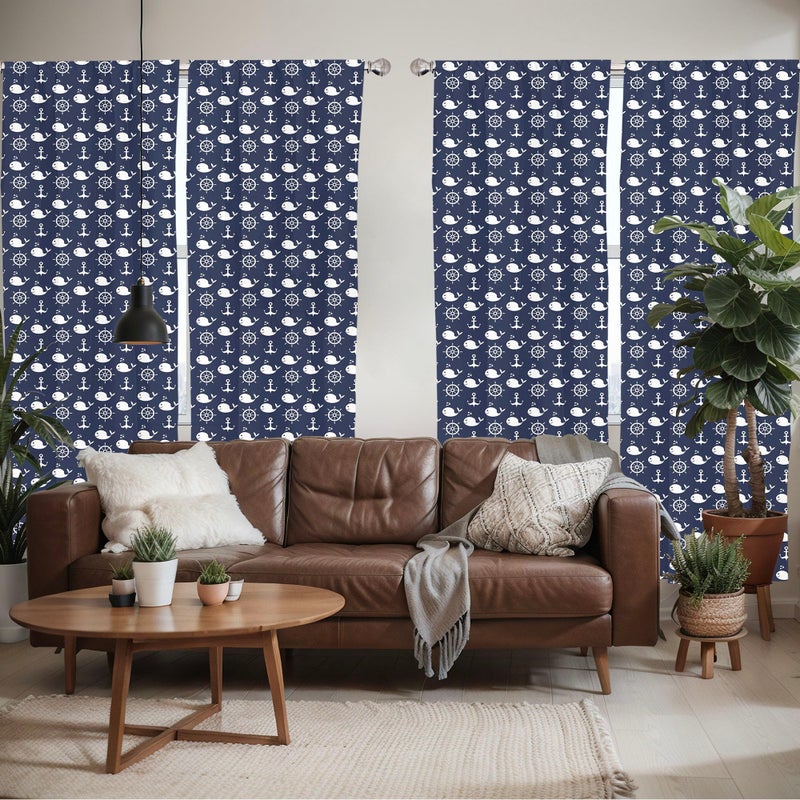 أمبيسون Ambesonne Navy Blue Window Stertains حزمة من نمطين بحريتين مع حيتان هيلمز تراسي العناصر البحرية في أعماق البحار مرتبة خفيفة الوزن مع جيب قضيب 4 لوحات - 28 "" × 95 "الأزرق الداكن - Image 5