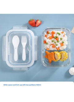 Glass Lunch Box Large Capacity Lunch Box Office Staff Lunch Box Microwave Oven With Lid Set Refrigerator Sealed Fresh-keeping Rice Bowl-Specifications:Long 980ml Two-compartment With Fork Spoon-Color:Blue