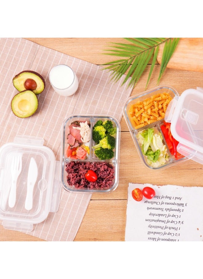 Generic - Glass Lunch Box Large Capacity Lunch Box Office Staff Lunch Box Microwave Oven With Lid Set Refrigerator Sealed Fresh-keeping Rice Bowl-Specifications:Long 980ml Two-compartment With Fork Spoon-Color:Blue - Image 1