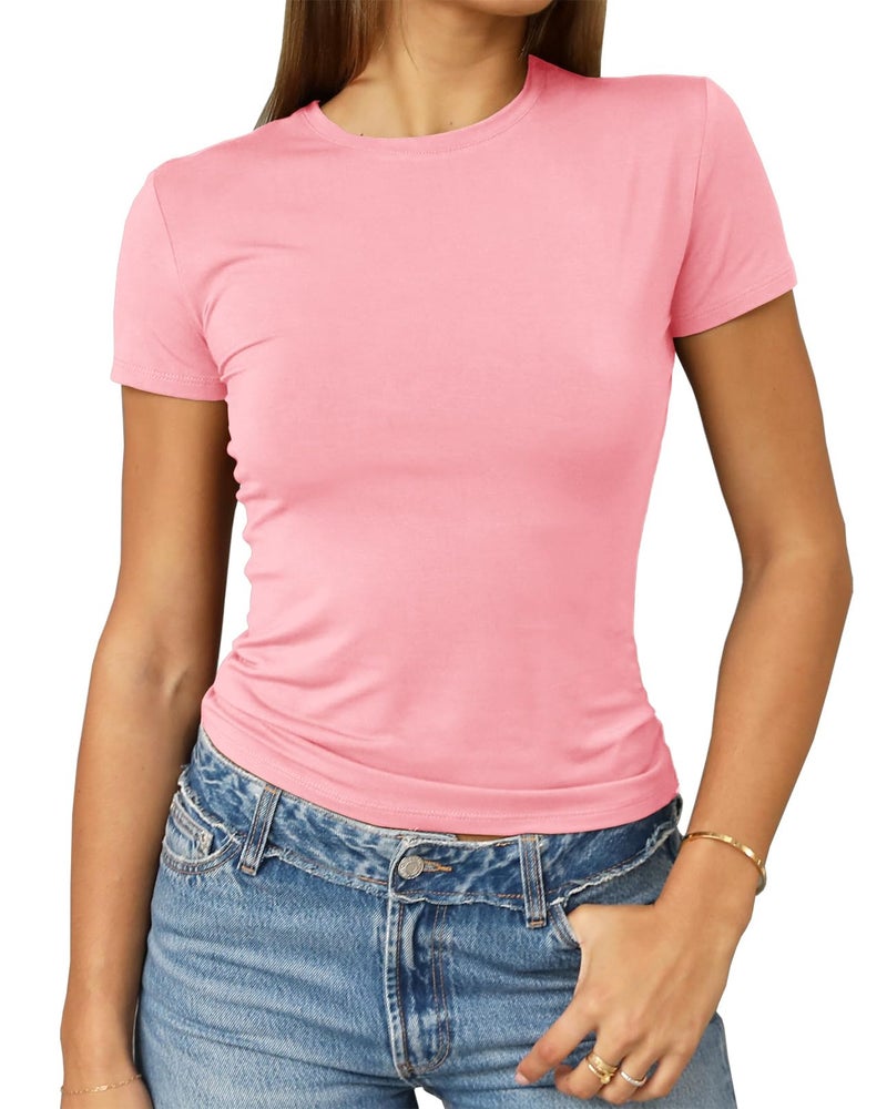 Abardsion Women's Casual Basic Going Out Crop Tops Slim Fit Short Sleeve Crew Neck Tight T Shirts 2026 (Light Pink, S) - Image 1