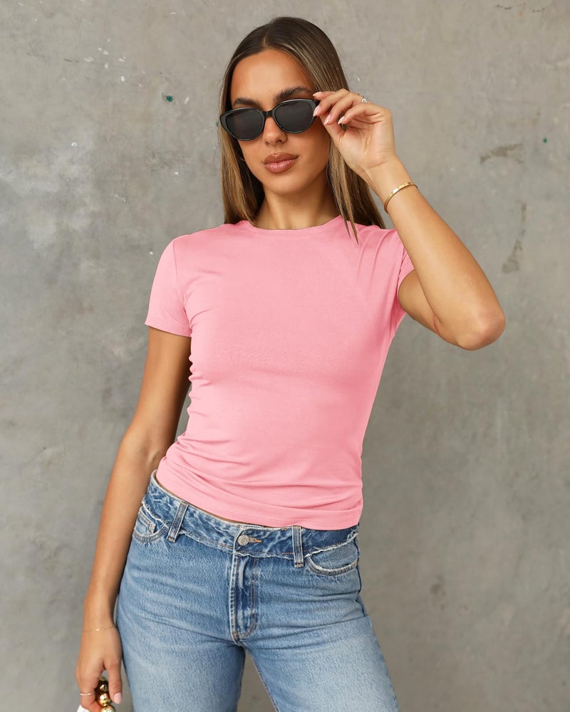 Abardsion Women's Casual Basic Going Out Crop Tops Slim Fit Short Sleeve Crew Neck Tight T Shirts 2026 (Light Pink, S) - Image 3