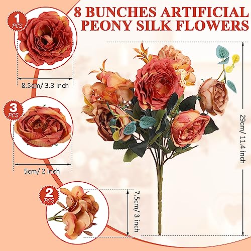 Yunsailing 8 Packs Artificial Peony Flowers Faux Silk Hydrangea Bouquet Vintage Wedding Home Table for Door Decor Reusable Bouquet of Rose Flowers for Valentine Wedding Birthday PartyDark Orange - Image 3