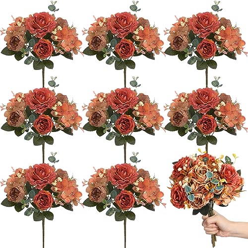 Yunsailing 8 Packs Artificial Peony Flowers Faux Silk Hydrangea Bouquet Vintage Wedding Home Table for Door Decor Reusable Bouquet of Rose Flowers for Valentine Wedding Birthday PartyDark Orange - Image 1