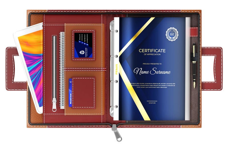 FEDUS Files for Documents 10 Leafs Foolscap Size (Bigger Than A4 Size) 4 Ring File with Hidden Handle Multipurpose Leatherette Portfolio Professional Executive Document File Folder for certificates - Image 1