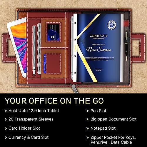 FEDUS Files for Documents 10 Leafs Foolscap Size (Bigger Than A4 Size) 4 Ring File with Hidden Handle Multipurpose Leatherette Portfolio Professional Executive Document File Folder for certificates - Image 2