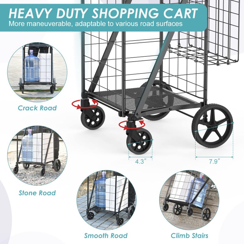RXUJYC 330LBS Capacity Shopping Cart for Groceries,Upgraded Jumbo Grocery Cart with Waterproof Liner, 360Â° Rolling Swivel Wheels and Double Basket, Heavy Duty Folding Shopping Carts for Laundry Transport - Image 3