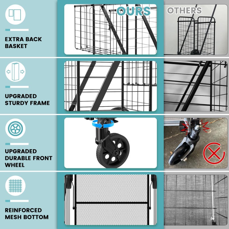 RXUJYC 330LBS Capacity Shopping Cart for Groceries,Upgraded Jumbo Grocery Cart with Waterproof Liner, 360Â° Rolling Swivel Wheels and Double Basket, Heavy Duty Folding Shopping Carts for Laundry Transport - Image 2