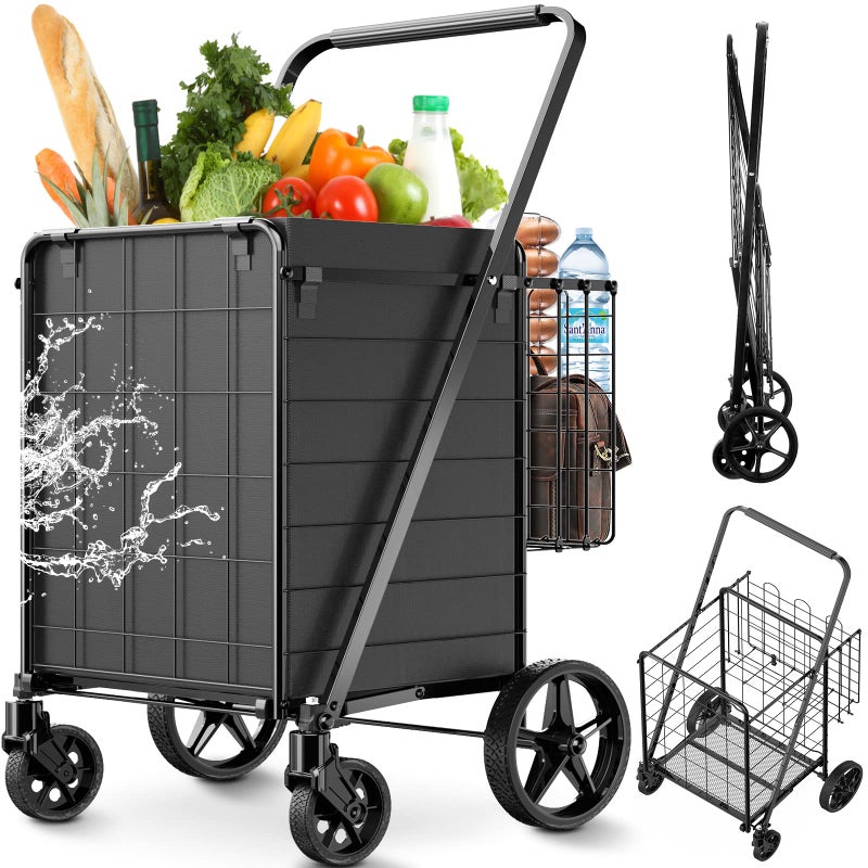RXUJYC 330LBS Capacity Shopping Cart for Groceries,Upgraded Jumbo Grocery Cart with Waterproof Liner, 360Â° Rolling Swivel Wheels and Double Basket, Heavy Duty Folding Shopping Carts for Laundry Transport - Image 1