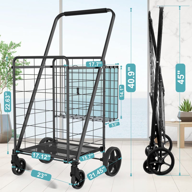 RXUJYC 330LBS Capacity Shopping Cart for Groceries,Upgraded Jumbo Grocery Cart with Waterproof Liner, 360Â° Rolling Swivel Wheels and Double Basket, Heavy Duty Folding Shopping Carts for Laundry Transport - Image 5