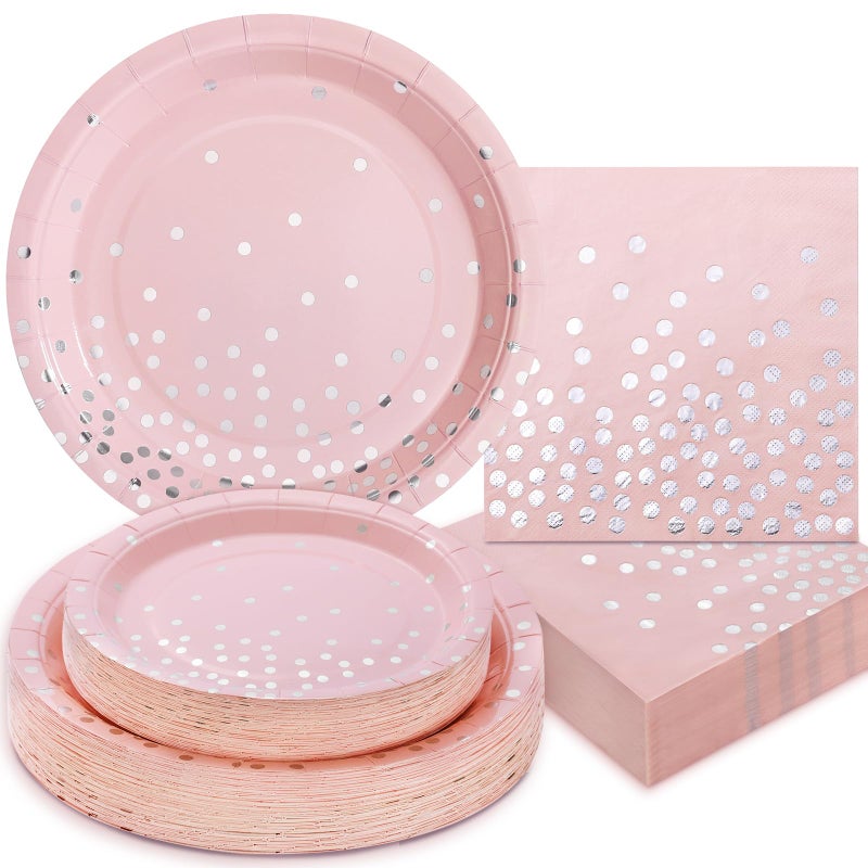 Boocikey 150PCS Pink Plates and Napkins Party Supplies, Pink Paper Plates Disposable Serve 50 Guests, for Party Birthday Wedding Baby Showers Valentines Day - Image 1