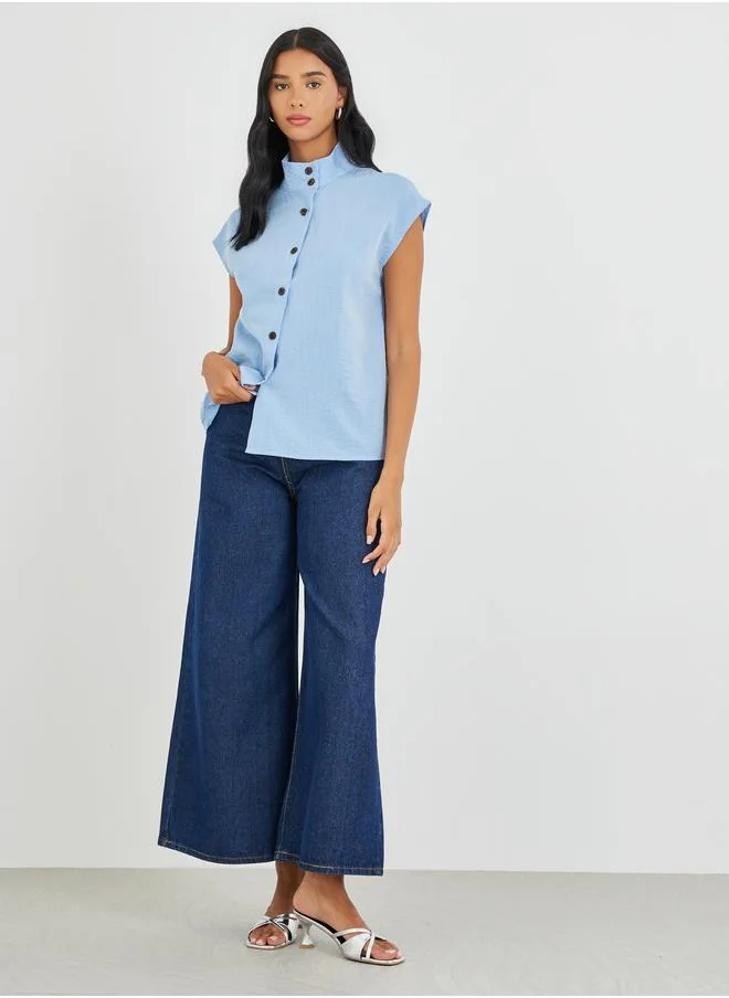 Take Two Take Two Solid Stand Collar Button Front Top