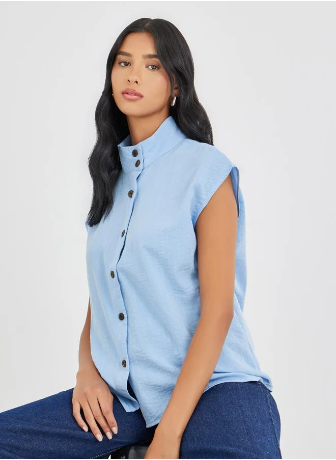 Take Two Take Two Solid Stand Collar Button Front Top