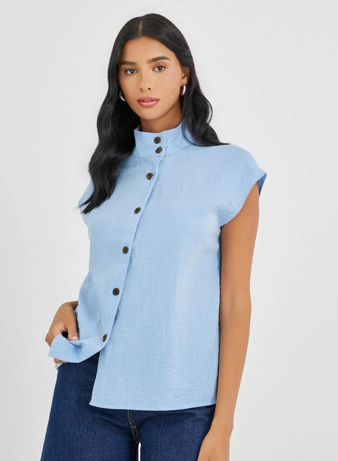 Take Two Take Two Solid Stand Collar Button Front Top