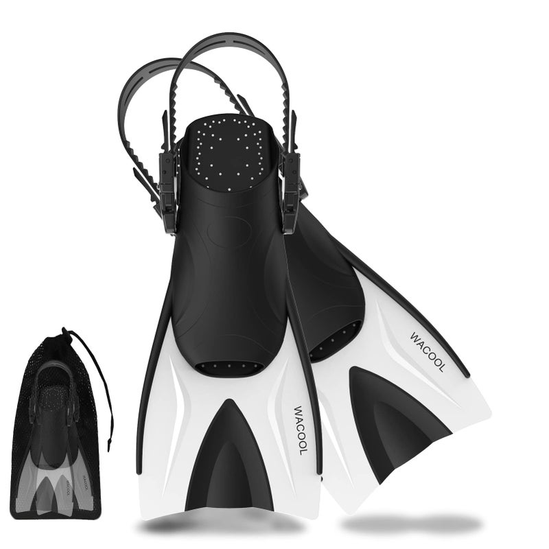 WACOOL Adult Short Light Adjustable Travel Size Fins Short Blade Fins Flippers for Snorkeling Diving Scuba Swimming Training (White,L-XL) - Image 1