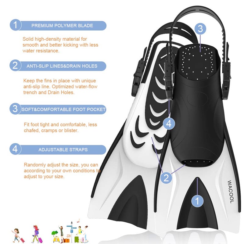 WACOOL Adult Short Light Adjustable Travel Size Fins Short Blade Fins Flippers for Snorkeling Diving Scuba Swimming Training (White,L-XL) - Image 4
