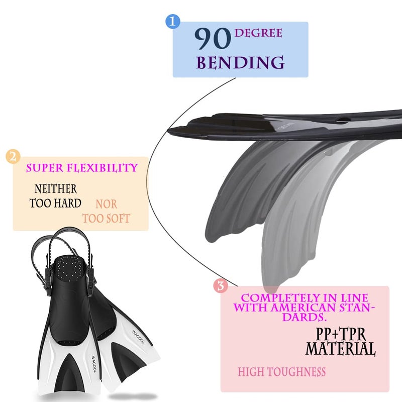 WACOOL Adult Short Light Adjustable Travel Size Fins Short Blade Fins Flippers for Snorkeling Diving Scuba Swimming Training (White,L-XL) - Image 3