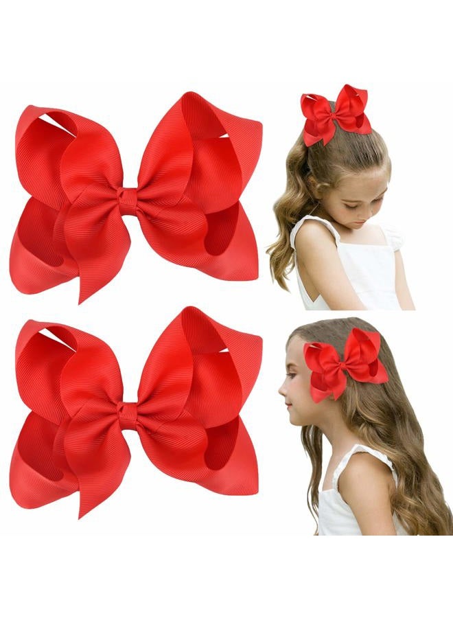DEEKA 2 PCS 6" Big Hand-made Grosgrain Ribbon Solid Color Hair Bows Alligator Clips Hair Accessories for Little Teen Toddler Girls Kids Set of 2 -Red - Image 1
