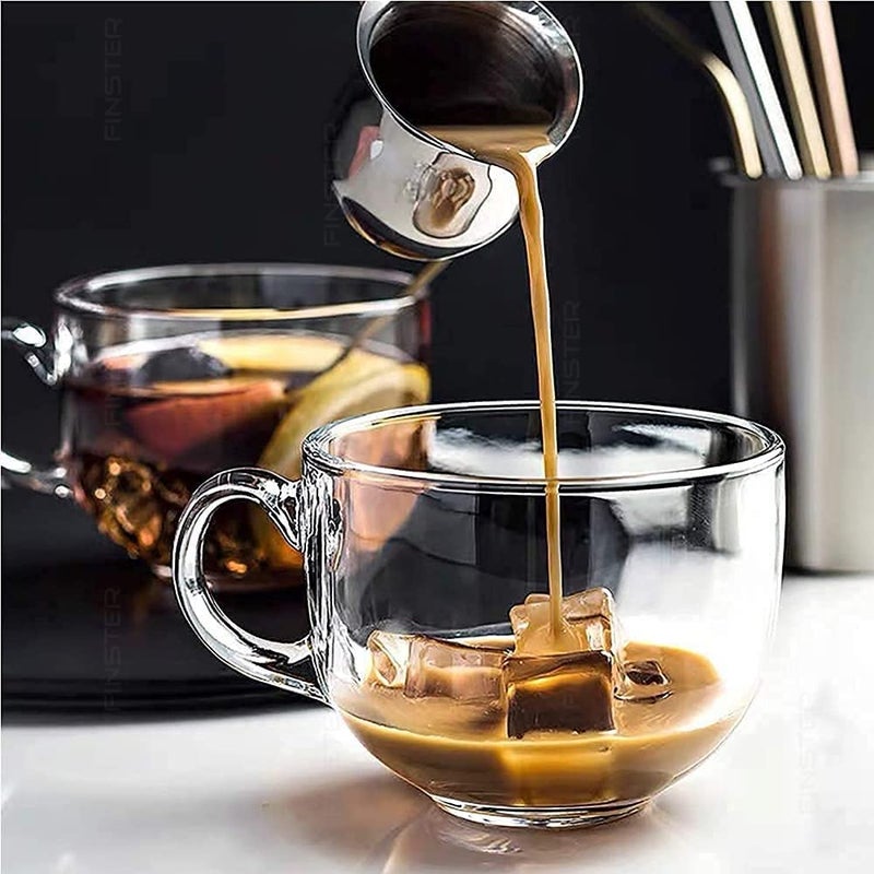 FINSTER Glass Large Coffee Cappuccino Mugs Set 4 440ml Transparent Multi Purpose Tea Cups with Handle Perfect Cups Gifts for All Coffee Tea Soup Lovers - Image 2